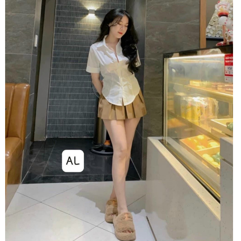 Set đầm váy nữ áo sơ mi tay ngắn mix chân váy xếp ly có lót xinh xắn dành cho các nàng dạo phố, đi chơi siêu dễ thương.