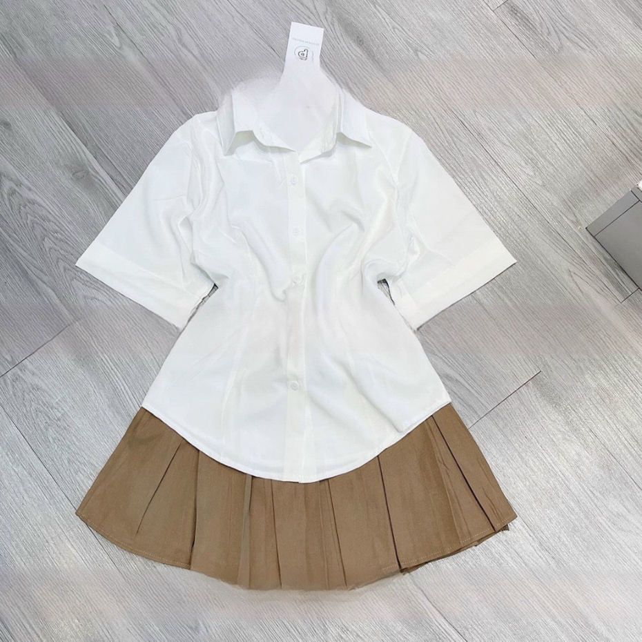 Set đầm váy nữ áo sơ mi tay ngắn mix chân váy xếp ly có lót xinh xắn dành cho các nàng dạo phố, đi chơi siêu dễ thương.