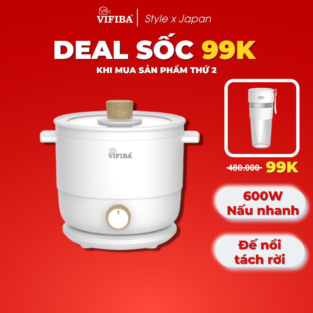 Nồi lẩu điện VIFIBA, Nồi điện đa năng kèm đế, dung tích 1,5L, 2 cấp độ - Nấu, Chiên, Xào, Hấp, Lẩu , Cháo,...