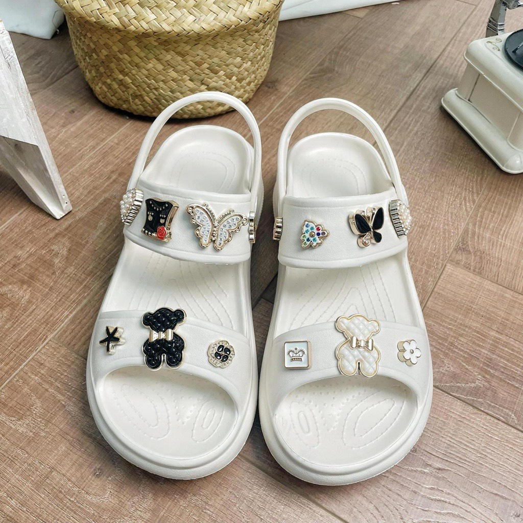 Dép sandal nữ đế cao 5cm kèm sticker đá, dép quai hậu nữ đế cao siêu kute 2023