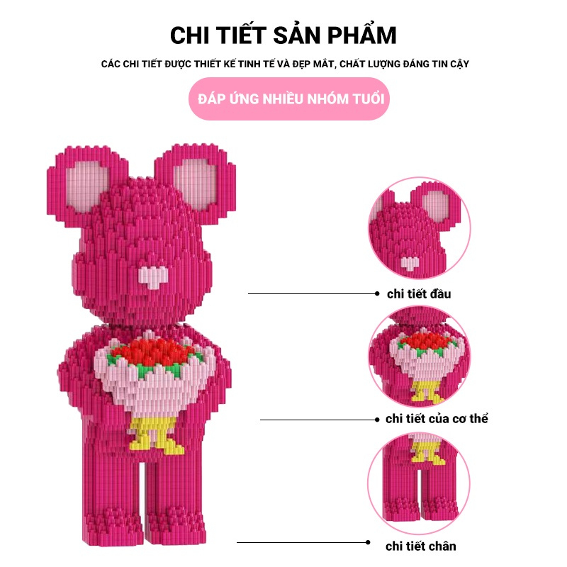 Đồ chơi lắp ráp Gấu Bearbrick Hồng ôm Hoa 48cm Mini Kèm Búa  cầm hoa Ghép Mô Hình 3D Đồ Chơi Thông Minh Cho Bé ZTOY