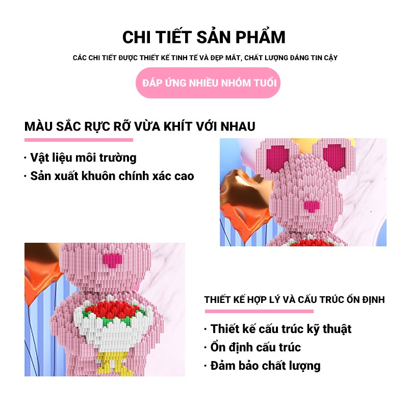 Đồ chơi lắp ráp Gấu Bearbrick Hồng ôm Hoa 48cm Mini Kèm Búa  cầm hoa Ghép Mô Hình 3D Đồ Chơi Thông Minh Cho Bé ZTOY