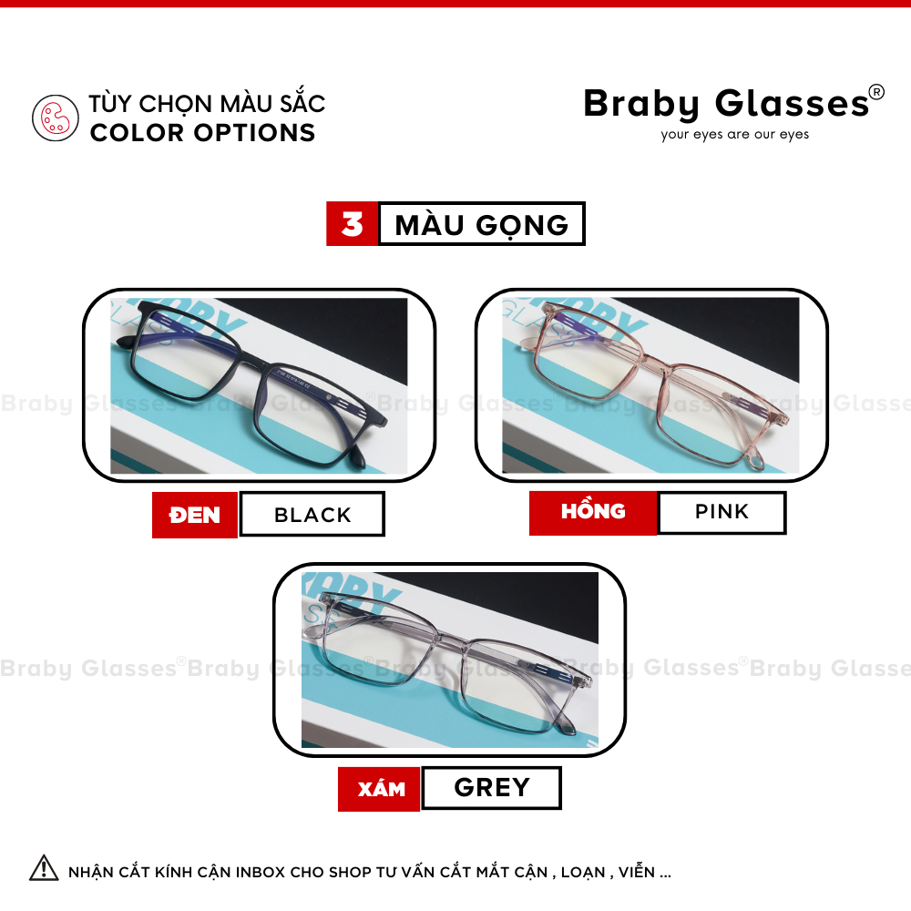 [Mã BMLT30 giảm đến 30K đơn 299K] Gọng kính cận mắt vuông Braby Glasses chất liệu nhựa dẻo kiểu dáng thanh mảnh MK39