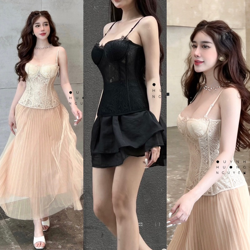 Áo bra, áo croptop ren dáng corset sexy có gọng màu đen, nude (tặng kèm mút)