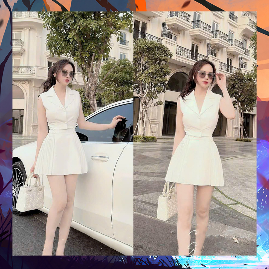 Set Áo Cổ Vest Cài Nút Kèm Chân Váy Dập Ly 2 Bên Có Lót Trong - Thời Trang Dressery Store