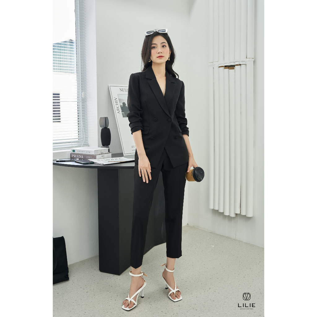 Áo khoác Blazer vest công sở nữ 4 cúc vạt chéo và quần baggy đen phong cách sang chảnh tiểu thư chất lượng cao đủ size