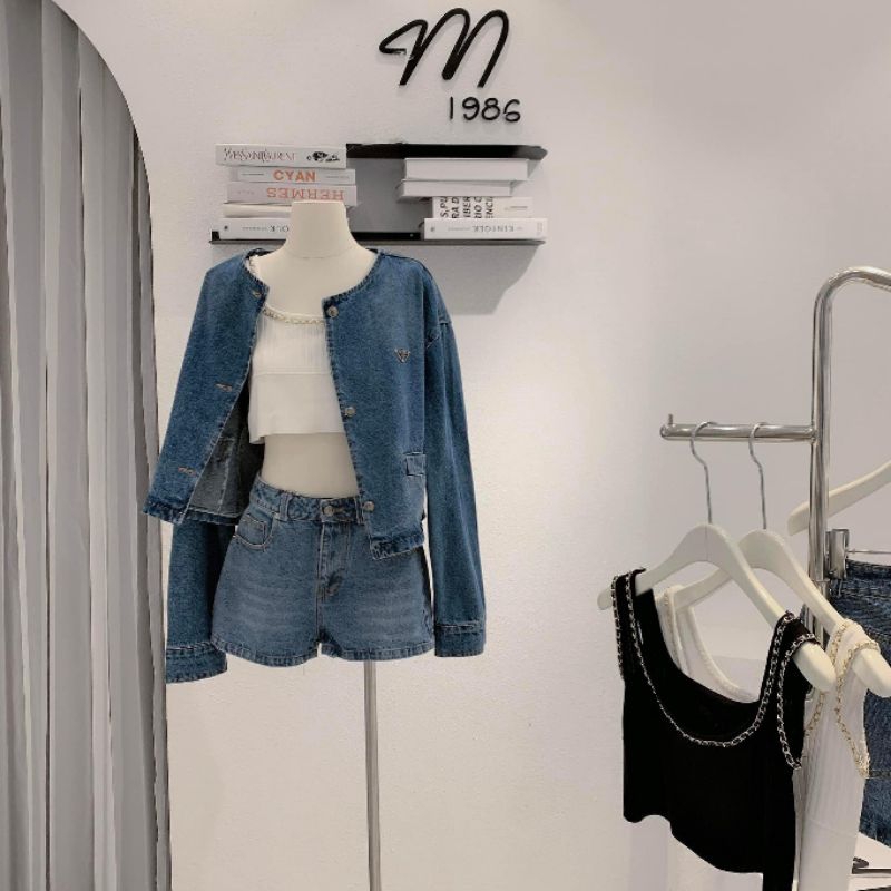 Set jeans áo khoác dáng ngắn mix quần sooc có tag sịn sò