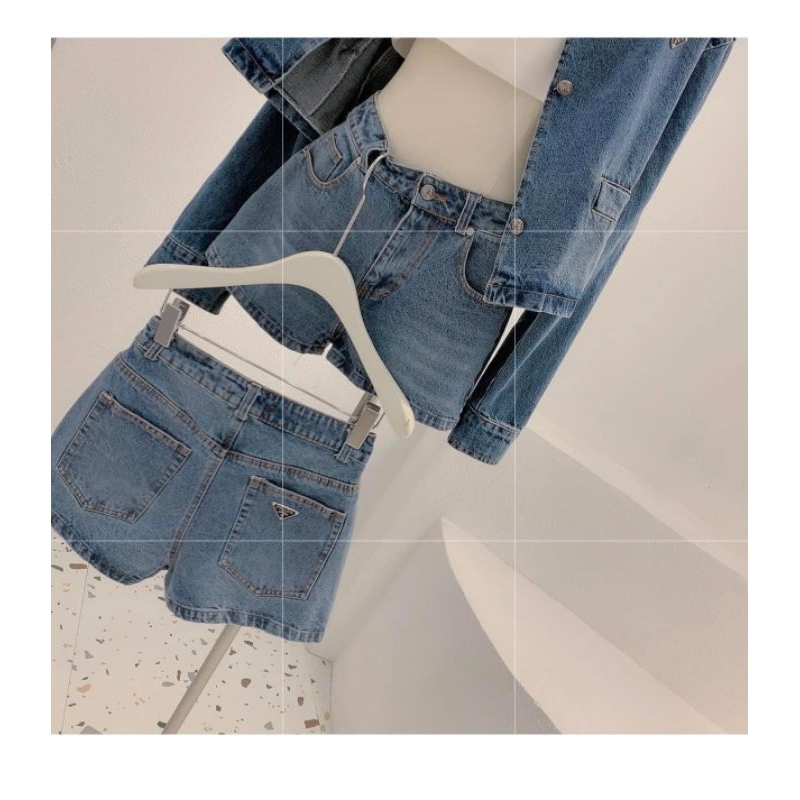 Set jeans áo khoác dáng ngắn mix quần sooc có tag sịn sò