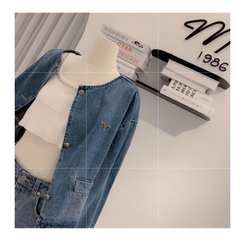 Set jeans áo khoác dáng ngắn mix quần sooc có tag sịn sò