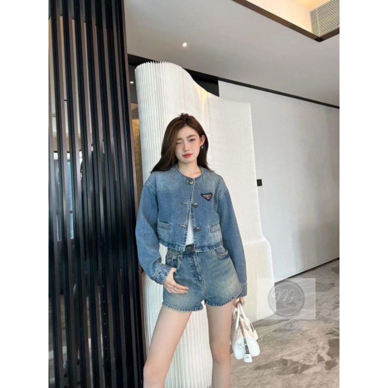 Set jeans áo khoác dáng ngắn mix quần sooc có tag sịn sò