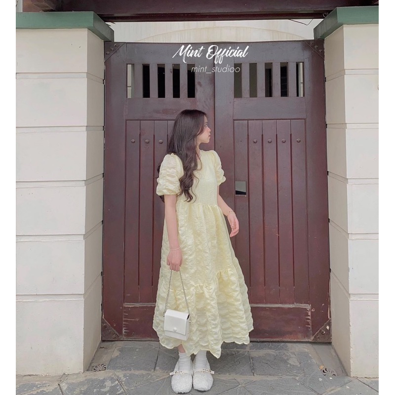Đầm BBD voan nhún tay bồng ngắn kèm lót dáng xoè dài màu vàng chanh freesize Pumi 14427