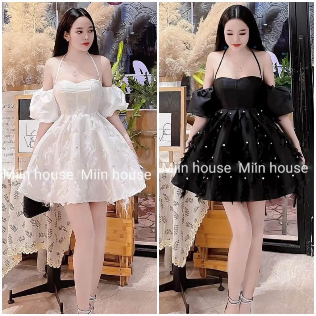 Đầm váy nữ cổ yếm cúp ngực trễ vai mix dáng váy xòe đính cườm lông vũ sang chảnh dành cho các nàng đi tiệc siêu xinh.