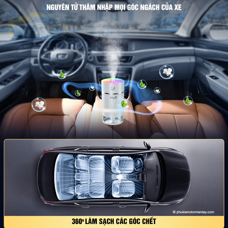 Máy Tạo Độ Ẩm, Xông Tinh Dầu, Khuếch Tán Hương Thơm, Khử Mùi Ô tô, Kèm Đèn Led RGB 3