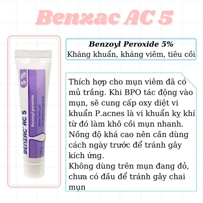 Kem chấm mụn Benzac AC 5 (2.5%- 5% Benzoyl Peroxide) Thái Lan - 15g
