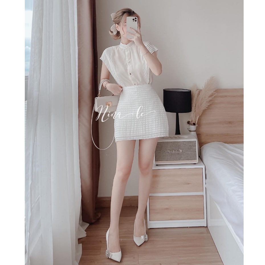 Mua Set đầm váy nữ áo kiểu tay dơi đính nút mix chân váy chữ A với tone ...