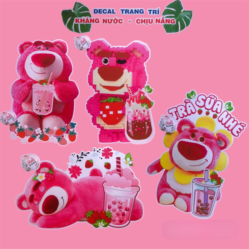 Decal Trang Trí GẤU DÂU HỒNG Các Loại ✨ Hình Dán Decor Quán Trà Sữa, Cà Phê - Sticker Kháng Nước, Chịu Nắng, Cắt Sẵn.