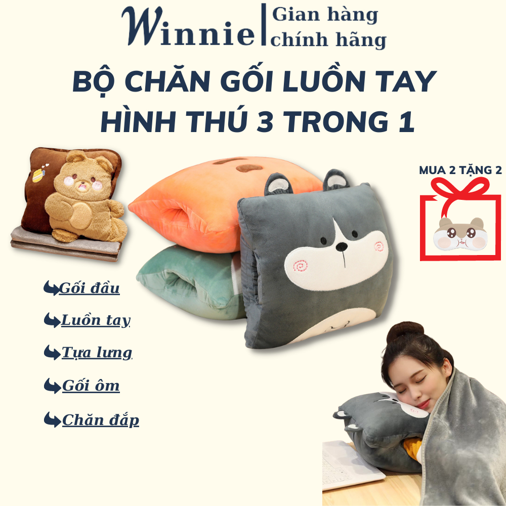 Chăn gối văn phòng luồn tay 3 trong 1 hình thú dễ thương Winnie, Chăn ngủ trưa văn phòng tiện ích - kích thước 100x170cm