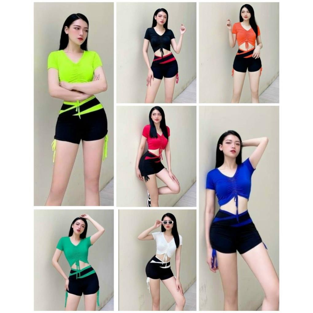 Bộ đồ tập gym nữ, bộ tập gym erobic nữ áo có tay rút dây giữa quần đùi rút dây cạp chéo phối màu (Set đùi áo rút) - Ng12