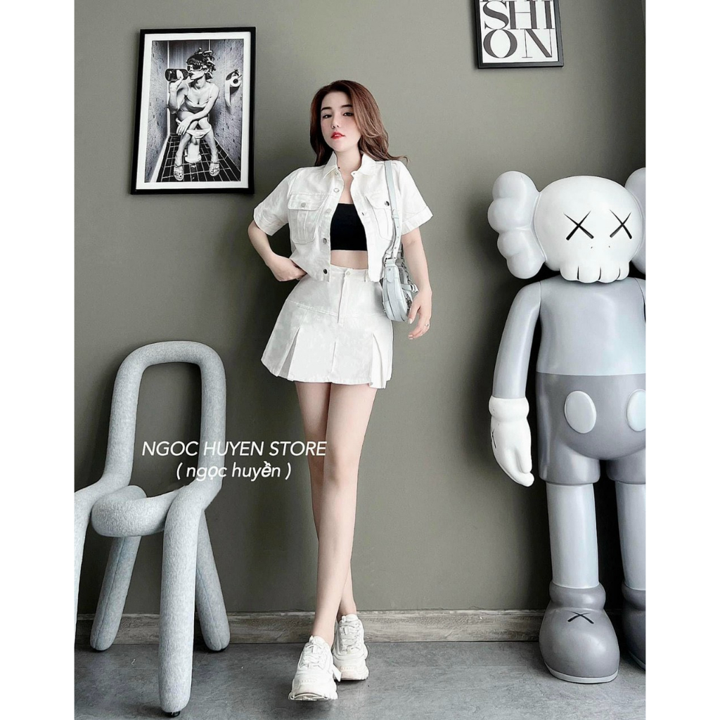 Set đồ bộ nữ ba món bra áo khoác ngắn tay mix chân váy mini có lót bên trong chất vải kaki lót cotton bên trong hai màu