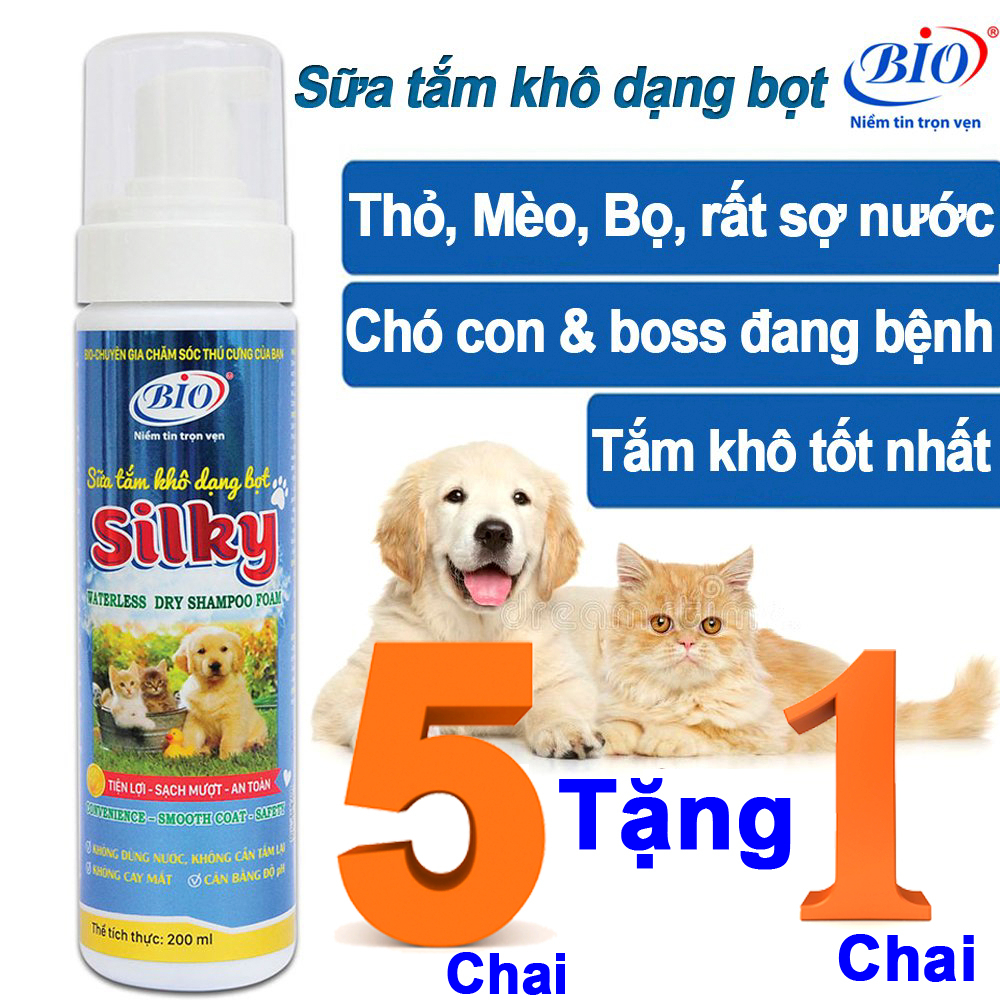 MUA 5 TẶNG 1 CHAI Sữa tắm khô dạng bọt Bio-Silky cho chó mèo, Làm sạch, lông óng mượt và thơm lâu 200ml-79300