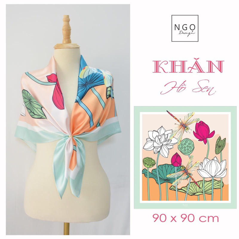 Set quà tặng Khăn Lụa Vuông 90cm - Hồ Sen