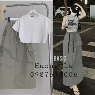 Set crop pull trắng cổ tròn chân váy midi túi hộp xanh xám