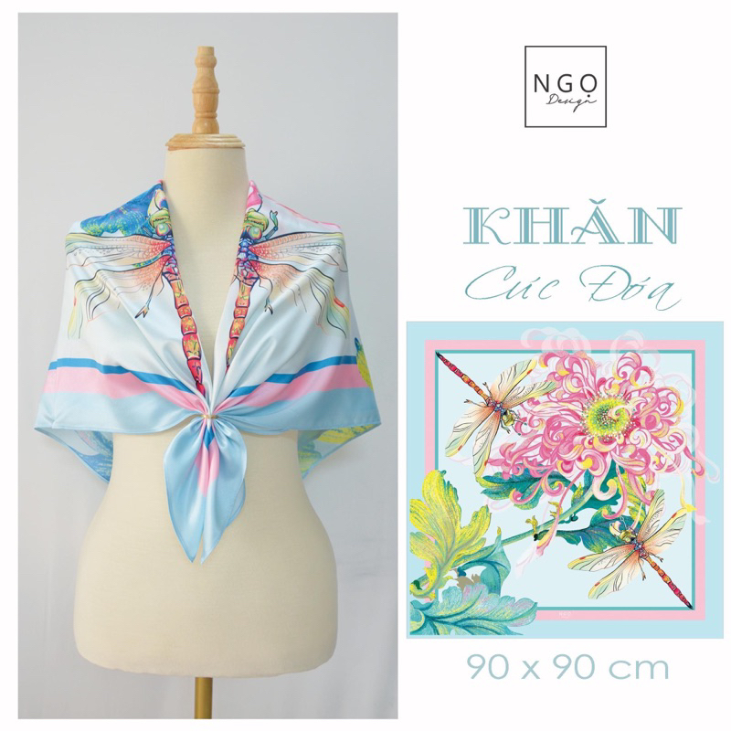 Set quà tặng Khăn Lụa Vuông 90cm - Cúc Đoá Xanh