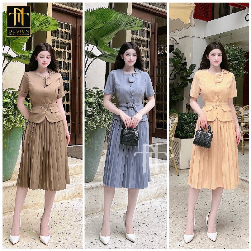 Set váy áo nơ vai kết hợp chân dập ly siêu nét, kèm đai rời. chất xước nhật cao cấp xịn xò, size sml nâu- xanh ghi- cam