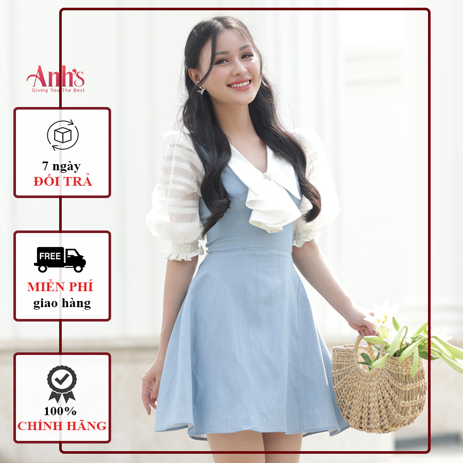 [ANH'S] Váy thiết kế cao cấp demin cổ V phối nơ sang trọng NAOMI DRESS