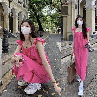 Váy suông 2 dây hồng cánh sen xẻ tà cánh tiên ở vai mùa hè ngọt ngào dễ thương ulzzang Hàn Quốc [Yannie]