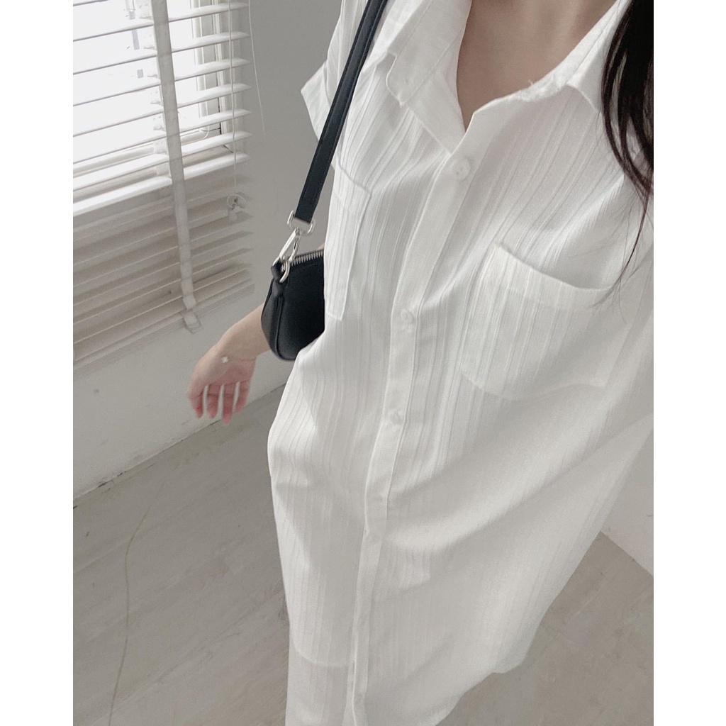 Váy sơ mi cộc tay thô đũi kẻ tay hến kèm váy 2 dây mã Vaytayhenkem2s0081
