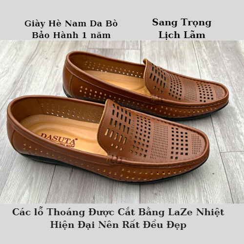 Giày Lười Nam Mùa Hè Đục Lỗ Thoáng Khí Da Bò Thật Đế Cao Su