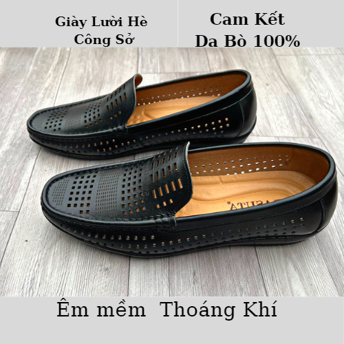 Giày Lười Nam Mùa Hè Đục Lỗ Thoáng Khí Da Bò Thật Đế Cao Su