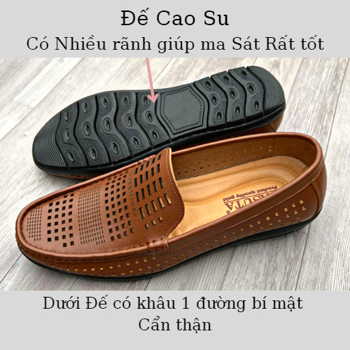 Giày Lười Nam Mùa Hè Đục Lỗ Thoáng Khí Da Bò Thật Đế Cao Su