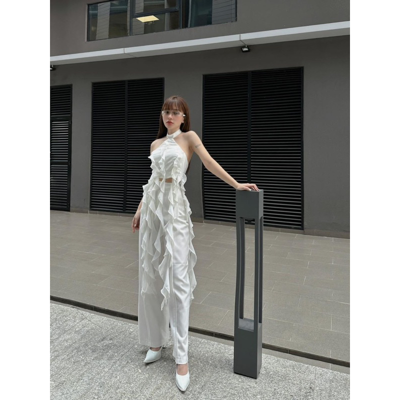 JJ Narak - Set áo yếm tua rua dài mix quần ống rộng sẵn 2 màu đen trắng cho nàng thích streetstyle - A63