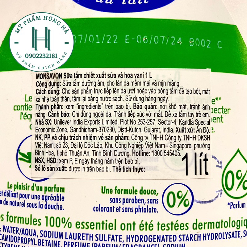 Sữa tắm Monsavon, sữa tắm chiết xuất sữa và hoa vani Monsavon 1000ml