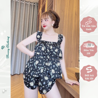 Đồ Ngủ Nữ 2 Dây Bèo Tầng Lụa Latin Cao Cấp. Set Đùi Mặc Nhà Mềm Mại, Thoáng Mát. Freesize \u003c 58Kg