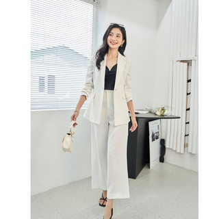 Set Blazer 1 cúc bọc dáng dài trắng và quần sớ trắng