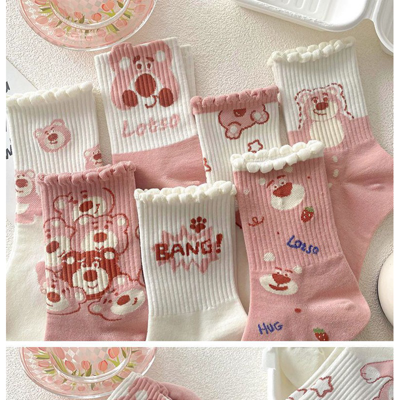 Set 10 đôi Vớ cotton cổ cao hình gấu dâu LOSTO dễ thương Hàn Quốc - Tất cao cổ hoạ tiết gấu hồng co giãn