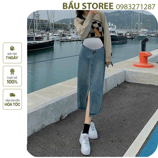 V12041] chân váy jean bầu công sở đep-chân váy quảng châu loại đẹp dáng dài xẻ trước thời