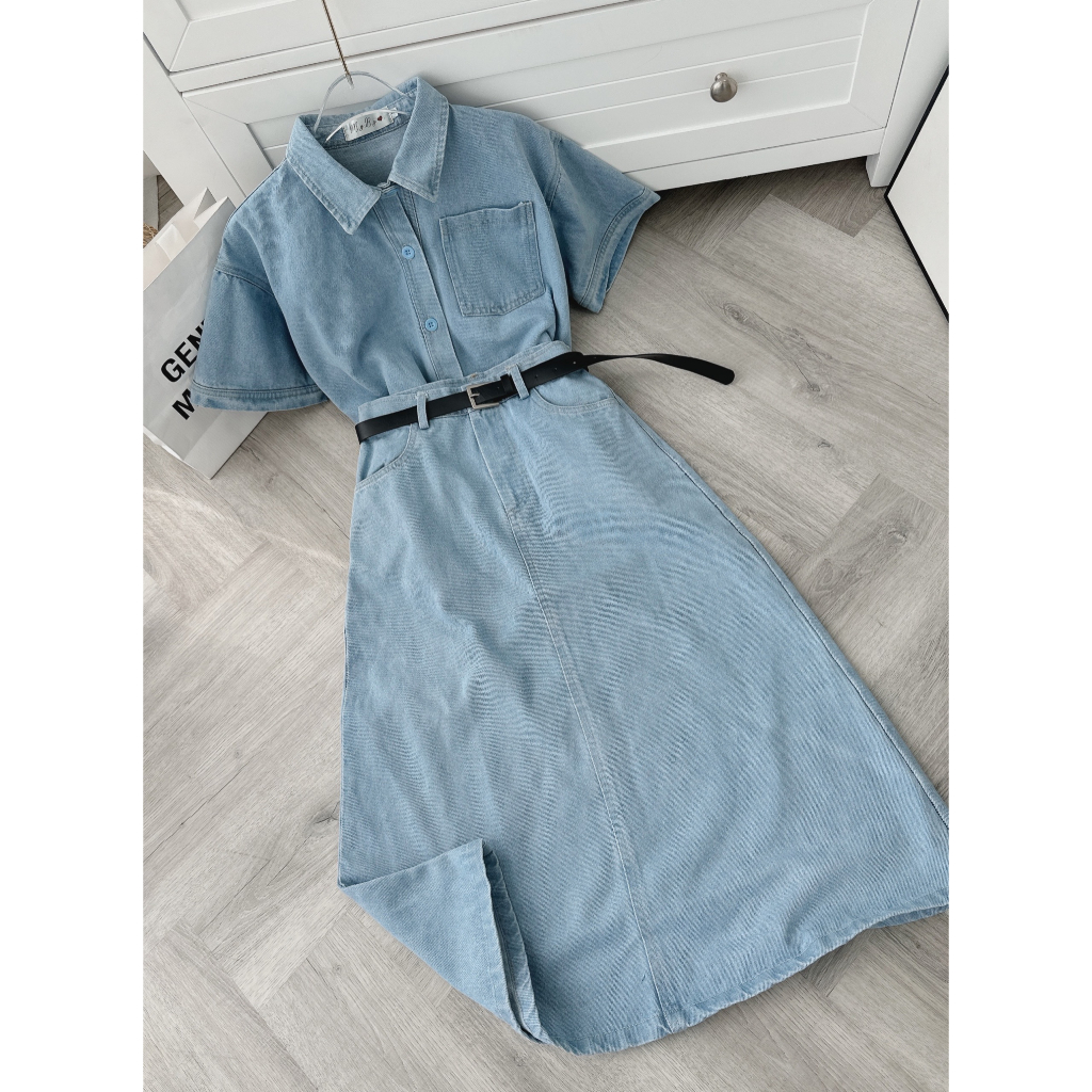 SET ÁO SƠ MI JEAN TAY NGẮN LAI BẦU + QUẦN VÁY MIDI SUÔNG JEAN (KÈM NỊT) (TH)