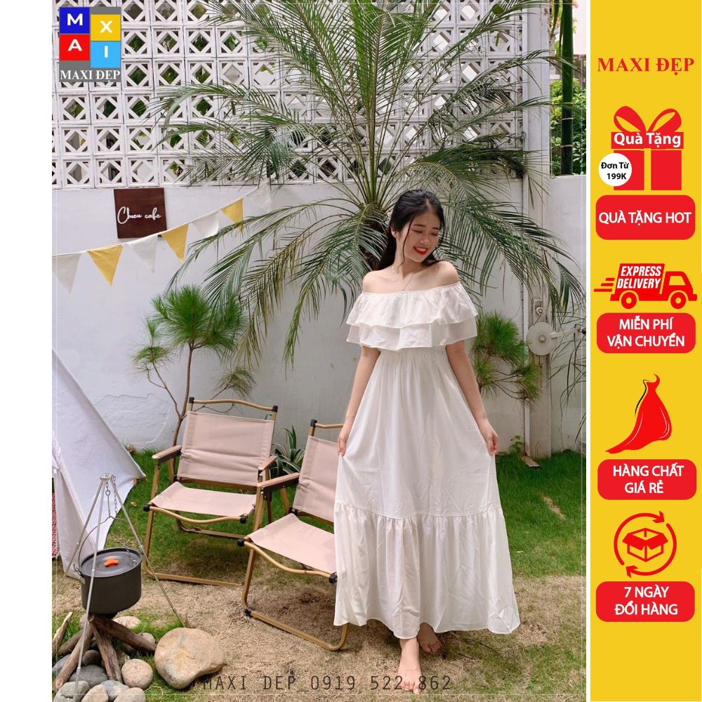 Đầm Trễ Vai Cao Cấp Màu Trắng Thiết Kế Maxi Đẹp Size Đến 80Kg