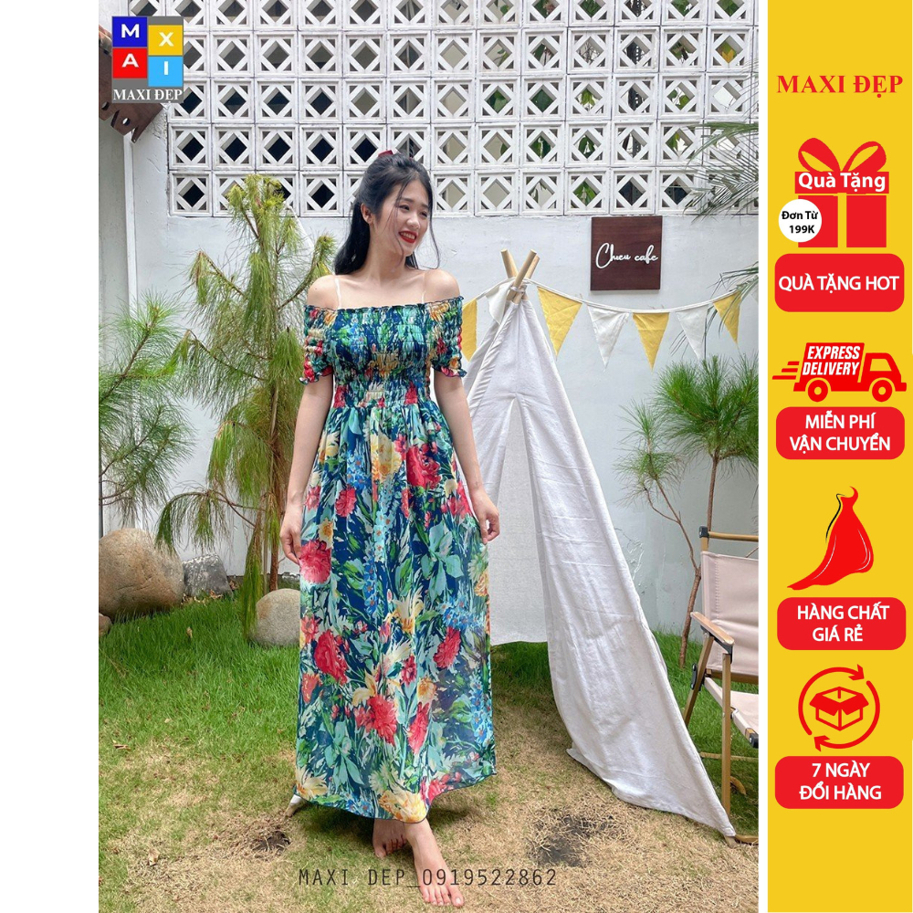 Đầm Trễ Vai Maxi Đẹp Hoa Xanh Tươi Mát Mùa Hè