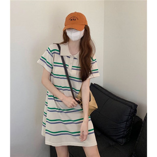Đầm Polo Dệt Kim Tay Ngắn Dáng Rộng Họa Tiết Kẻ Sọc Nữ