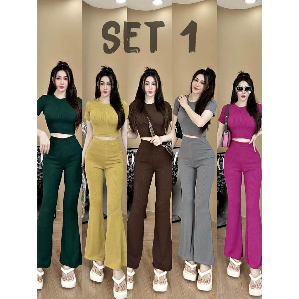 Set bộ thun len tăm áo croptop tay ngắn cổ tròn họa tiết trơn năm màu xanh lá, vàng, nâu, xám, hồng mix quần dài ống loe