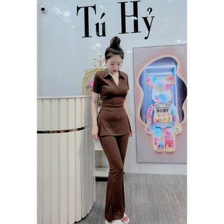 Set quần áo vải thun gân áo cổ bẻ xẻ vạt quần dài, Set bộ thun gân áo cổ bẻ tay ngắn xẻ tà hai bên phối quần dài ống loe