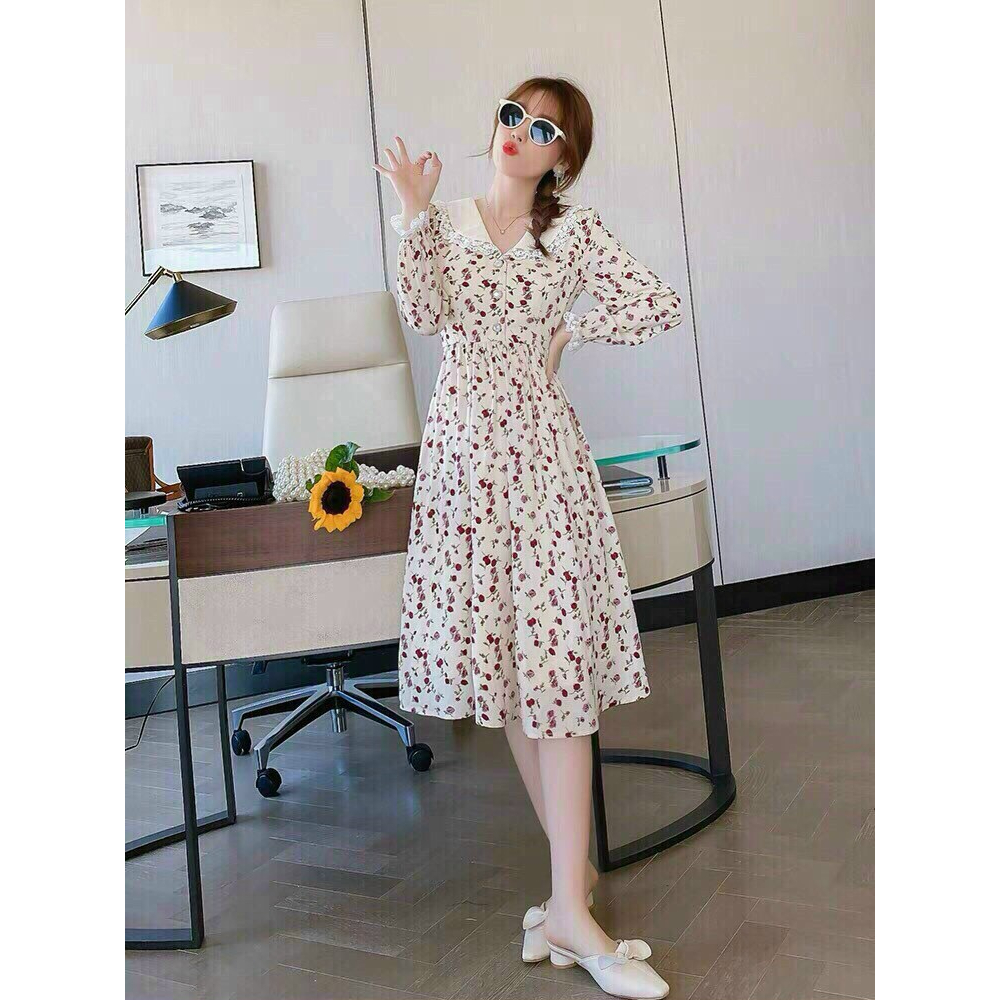 ĐẦM NỮ CỔ TIM TAY DÀI DÁNG XÈO CHẤT KATE LỤA HOA M582 - YADO