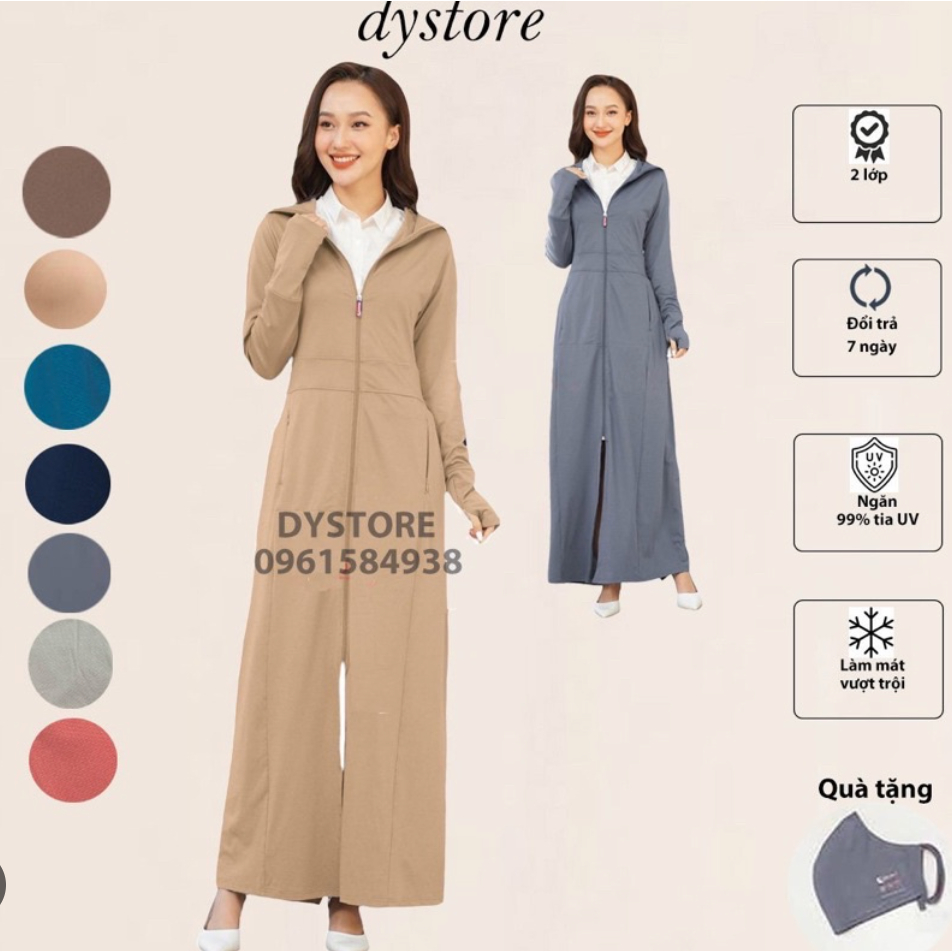 Áo chống nắng nữ toàn thân 2 lớp dáng dài, váy quần chống nắng áo choàng liền thân vải thông hơi làm mát cao cấp loại 1