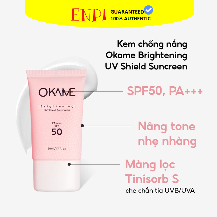 Kem chống nắng nâng tone Okame Brightening UV Shield Sunscreen SPF50