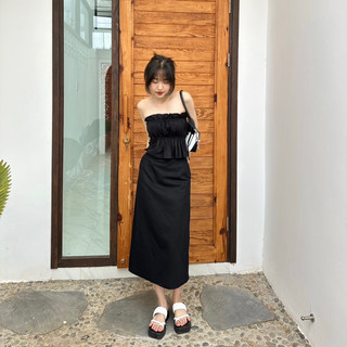 set chân váy + áo nhún thun linen